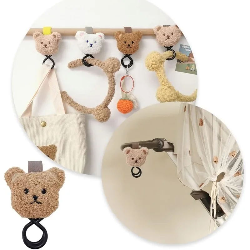 Niedlicher Plüschbär-Kinderwagen-Haken für Kinderwagen, robuster Universal-Kinderwagen-Aufhänger und Riemen, Kinderwagen-Zubehör für Mama