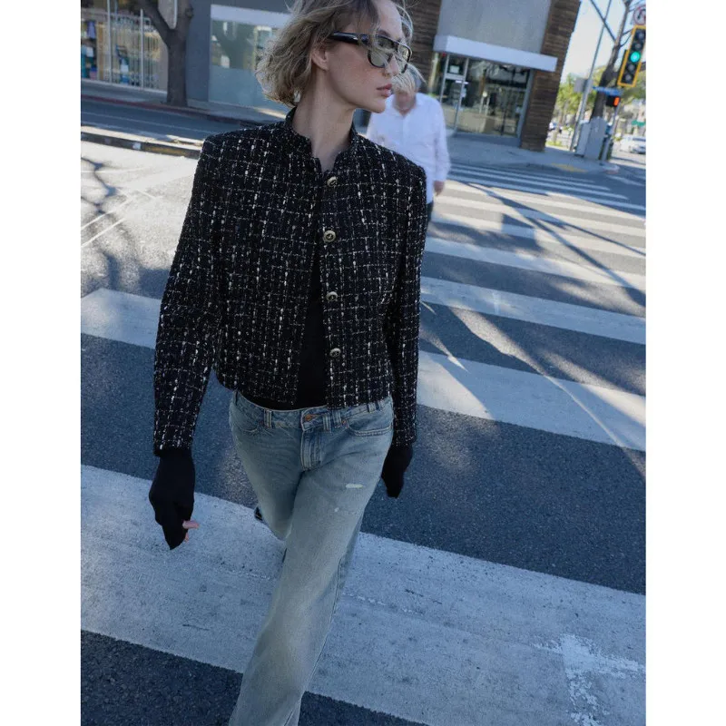 High Neck Metallic Textured Cropped Blazer Gold Buttons Elegant Office Commuter Style Spring Autumn Jacket