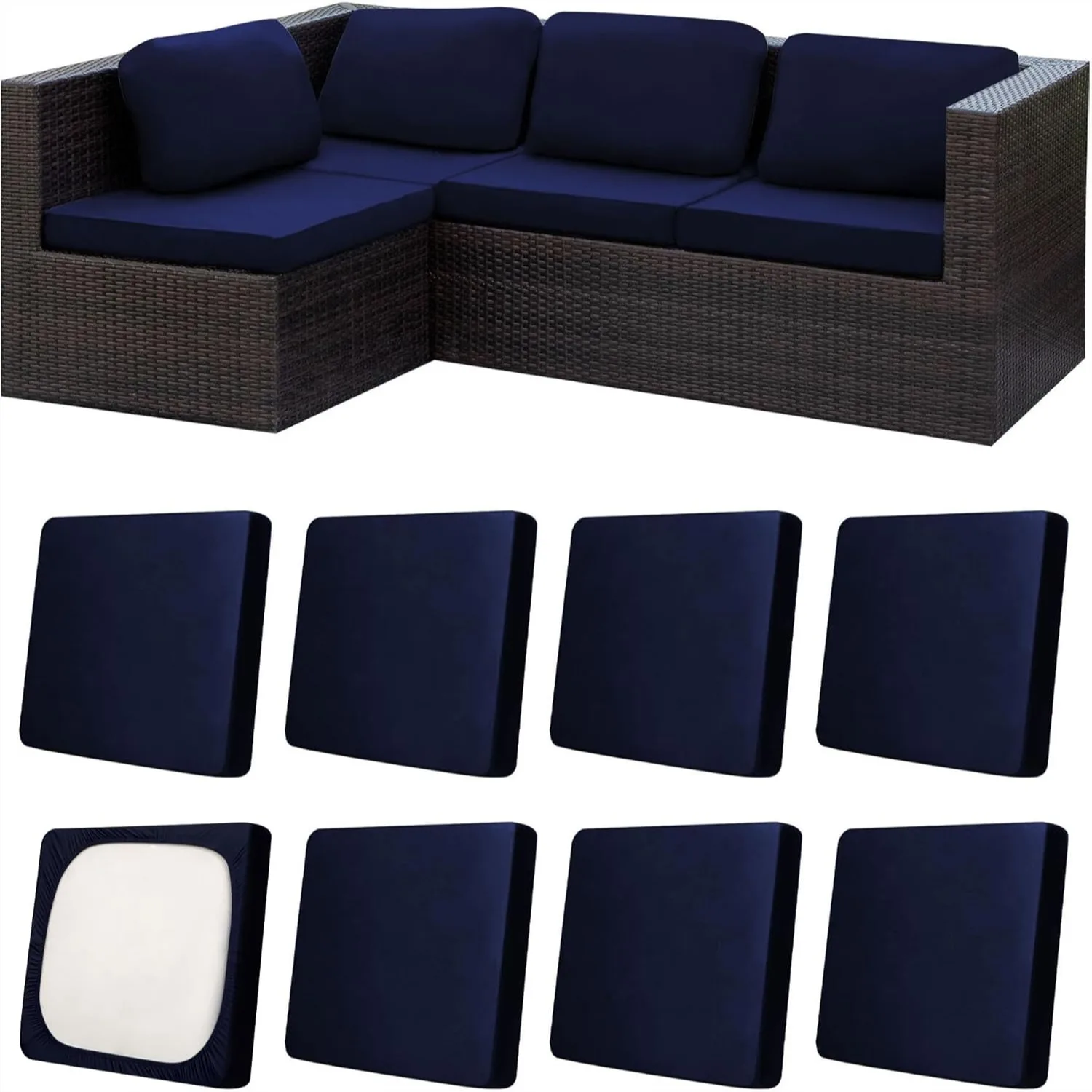 

8Pcs Stretch Patio Cushion Covers Outdoor Replacement Furniture Protectors With High Elasticity Fabric Navy Blue