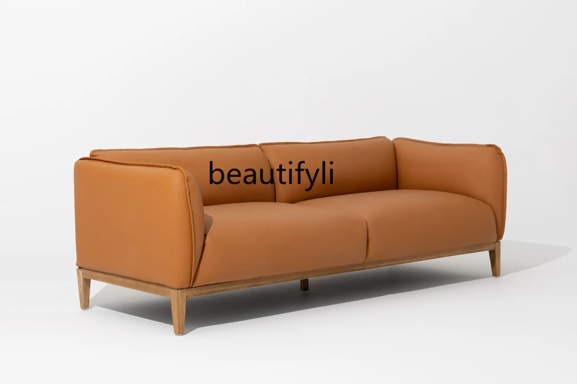 Italian delicate calfskin gold brown ash wood sofa