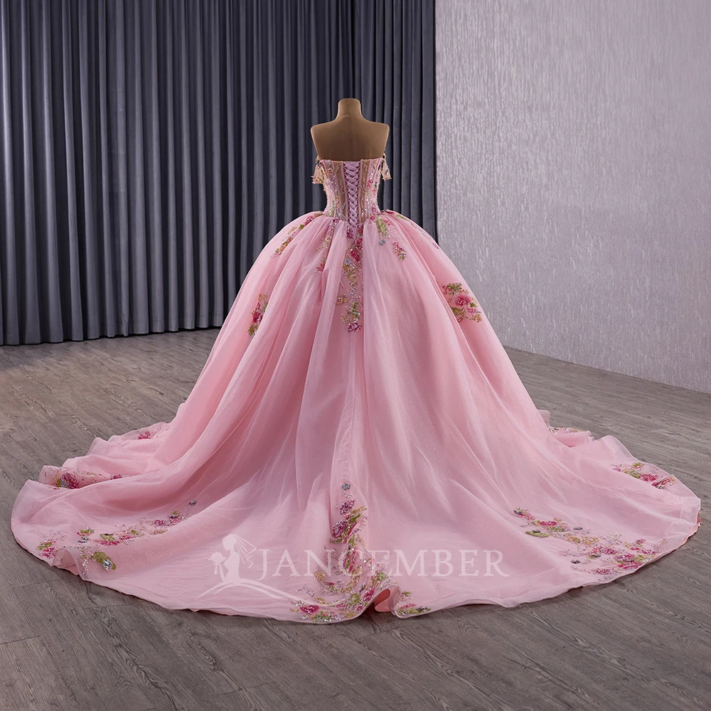Customized Glitter Pink Crystal Beading Ball Gown Quinceanera Dresses Off The Shoulder Sequined vestido de 15 quinceañera