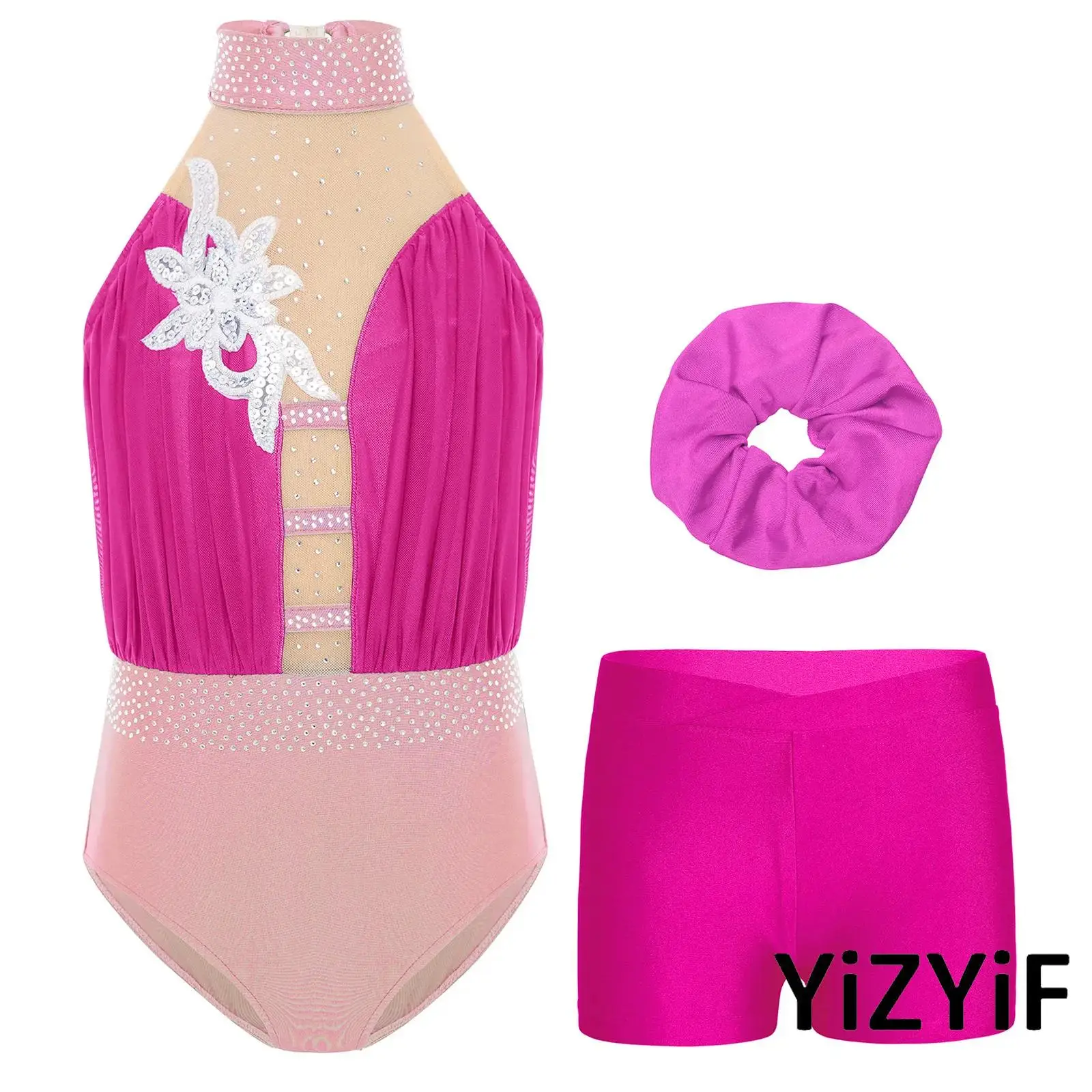 

Girls Jazz Dance Outfit Sleeveless Keyhole Back Mesh Patchwork Rhinestones Dance Leotard+Shorts+Hairband Gymnastics Dancewear