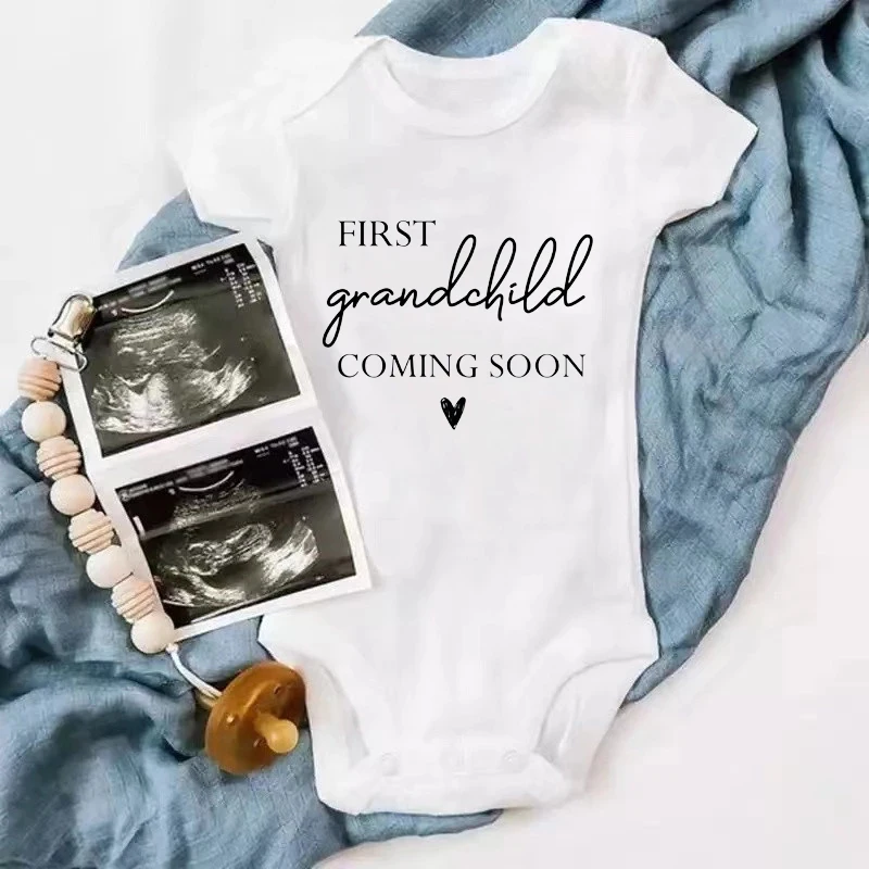 First Grandbaby Coming Soon Printed Baby Announcement Bodysuit Jumpsuit Pregnancy Announcement for Grandparents Baby Shower Gift