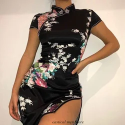 Big Size 3XLXL XL Qipao Mandarin Collar Print Vestidos Improved Chinese Style Dress Sexy Split Cheongsam Lady Satin Qipaos