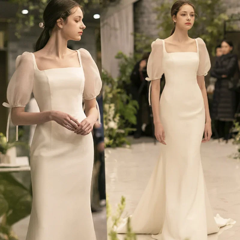 

2025 Elegant Wedding Dress Slim Square Neck Satin Korean Vintage Bubble Short Sleeve Boho Bride Gown Vestidos De Noiva Mariage
