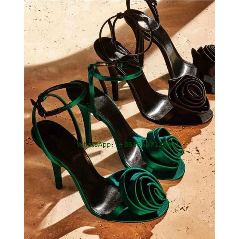 

Satin Flower Decor Round Toe Stiletto Sandals Open Toe Sexy Banquet Women'S High Heels