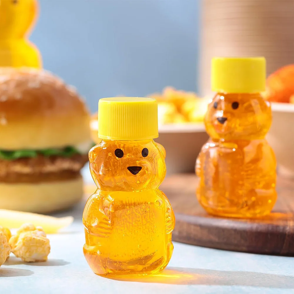 2 oz Plastic Bear Bottle Shape Clear Honey Containers Empty Dispenser with Yellow Lid Honey Jars Cup