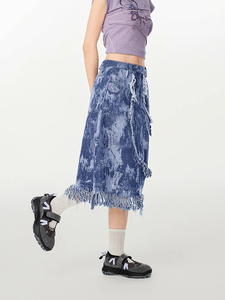 2025 verão novo estilo retro americano borla denim saia para mulheres high-end design sentido nicho de cintura alta saia linha a