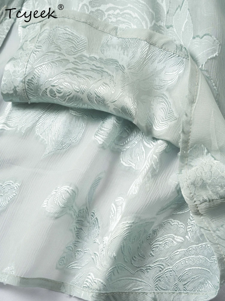 Tcyeek 100% マルベリーシルク春夏ラウンドネック 7 クォーターランタンスリーブストレートチューブソリッドカラーの女性のシャツ 여름옷