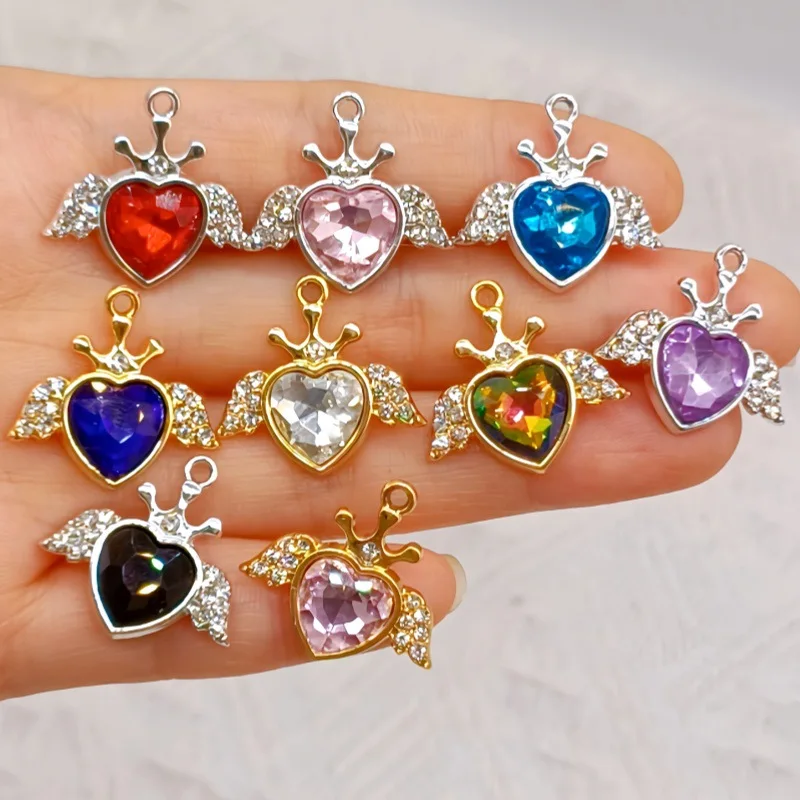 100pcs alloy Various colors Crystal Heart Charms with Crown & Wings, Clear Rhinestone Pendants for DIY Jewelry Making, Earrings