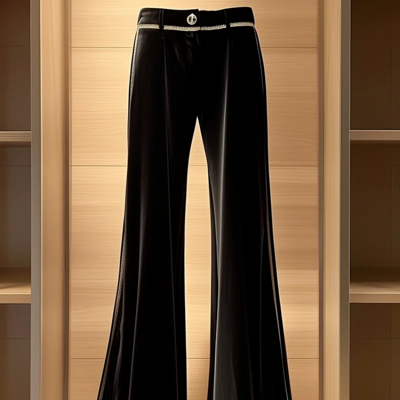 Nieuwe Mode Kleine Geur Fluwelen Flare Broek Vrouwen Herfst Winter Dikker Warme Hoge Taille Zwarte Casual Broek
