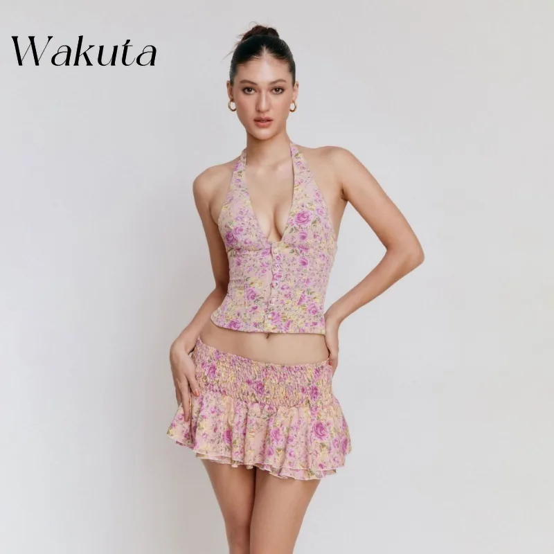 WAKUTA Sexy Neck Hanging V-neck Single Breasted Top with Backless Floral Pleated Short Skirt Set American Retro Mini Y2K Skirt