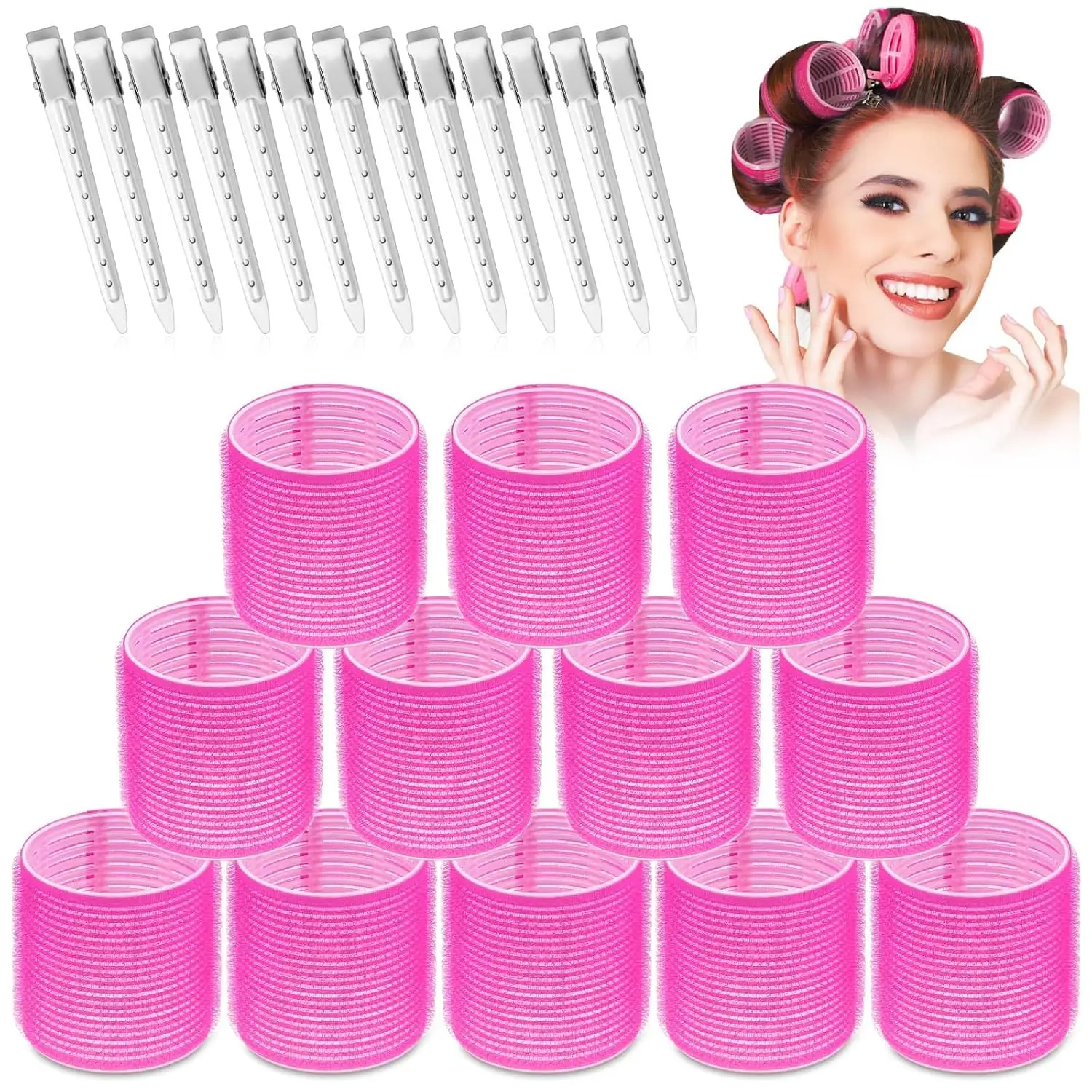 

24 Pcs Jumbo Hair Rollers Set with 12 Large Rollers & 12 Clips for Voluminous Long Thick Hair, Hot Pink