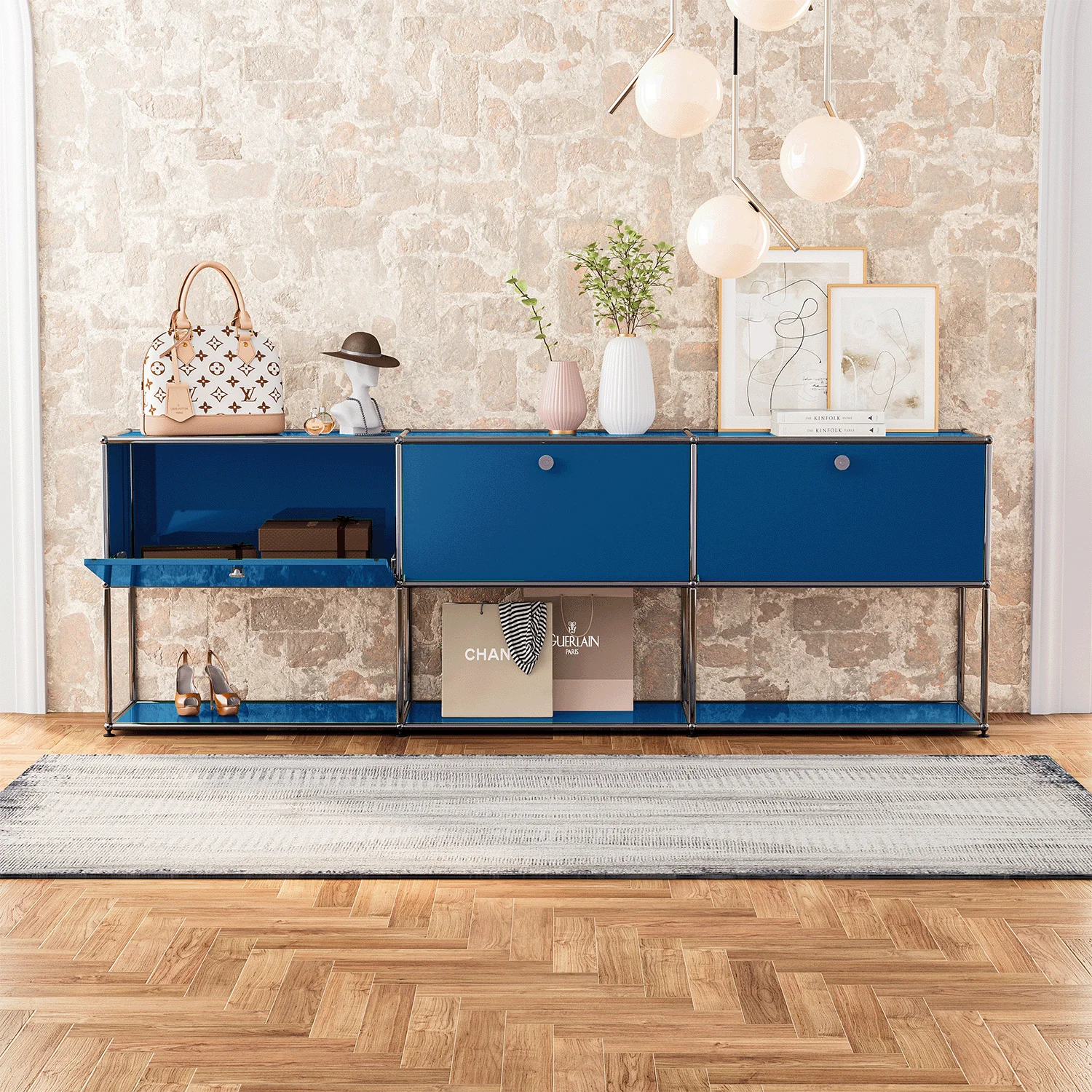 Mesitas de noche azules, armario de almacenamiento, mueble moderno nórdico, soporte para TV, dormitorio pequeño