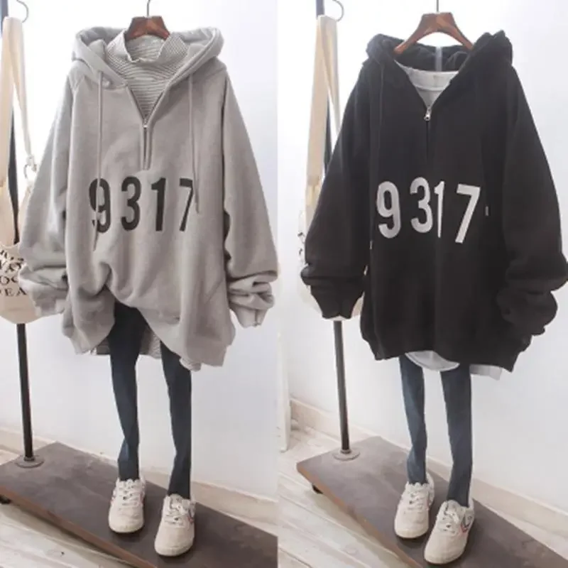 Autumn Winter Plus Size Hooded Fleece Lined Loose Fit Street Style Zipper Casual Sweatshirt Jacket For Women New 2022