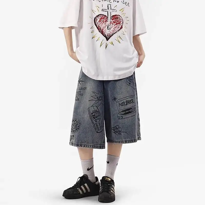 LUZHEN 2026 Summer Printed Pattern Straight Denim Cropped Trousers Men Stylish High Quality Loose Street Male Short Jeans JY7835