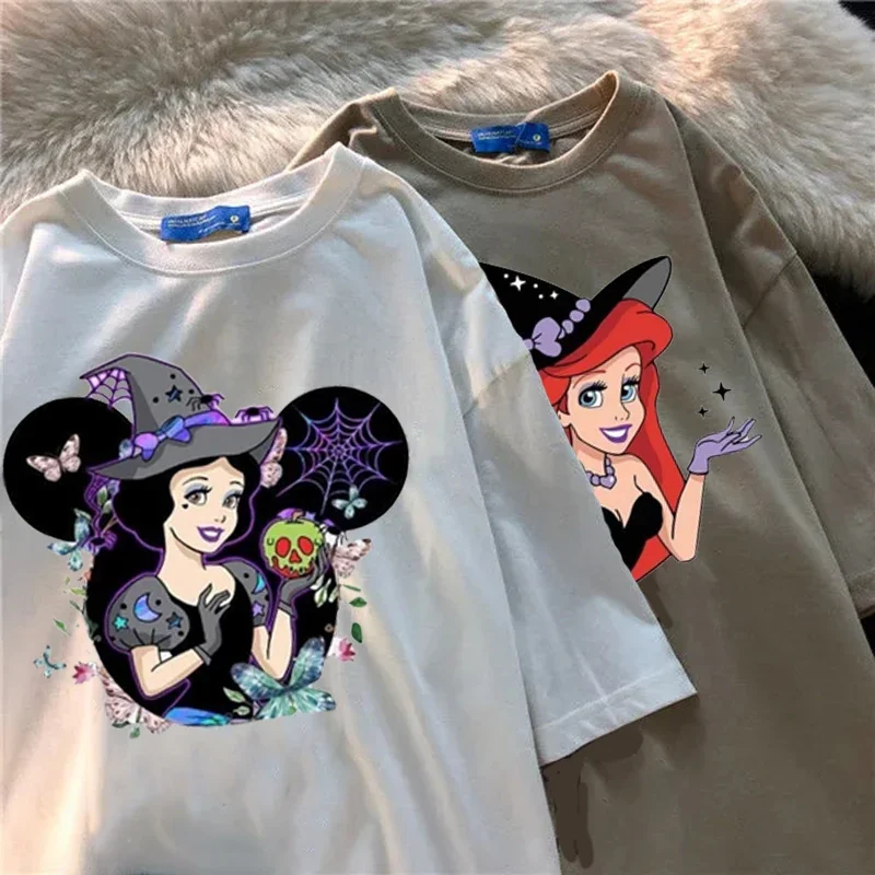 Disney Princess Cartoon Women T-shirt Character In Halloween Cute Graphic T Shirt 90s Fashion Tees Female Gothic Y2k Clothes Top