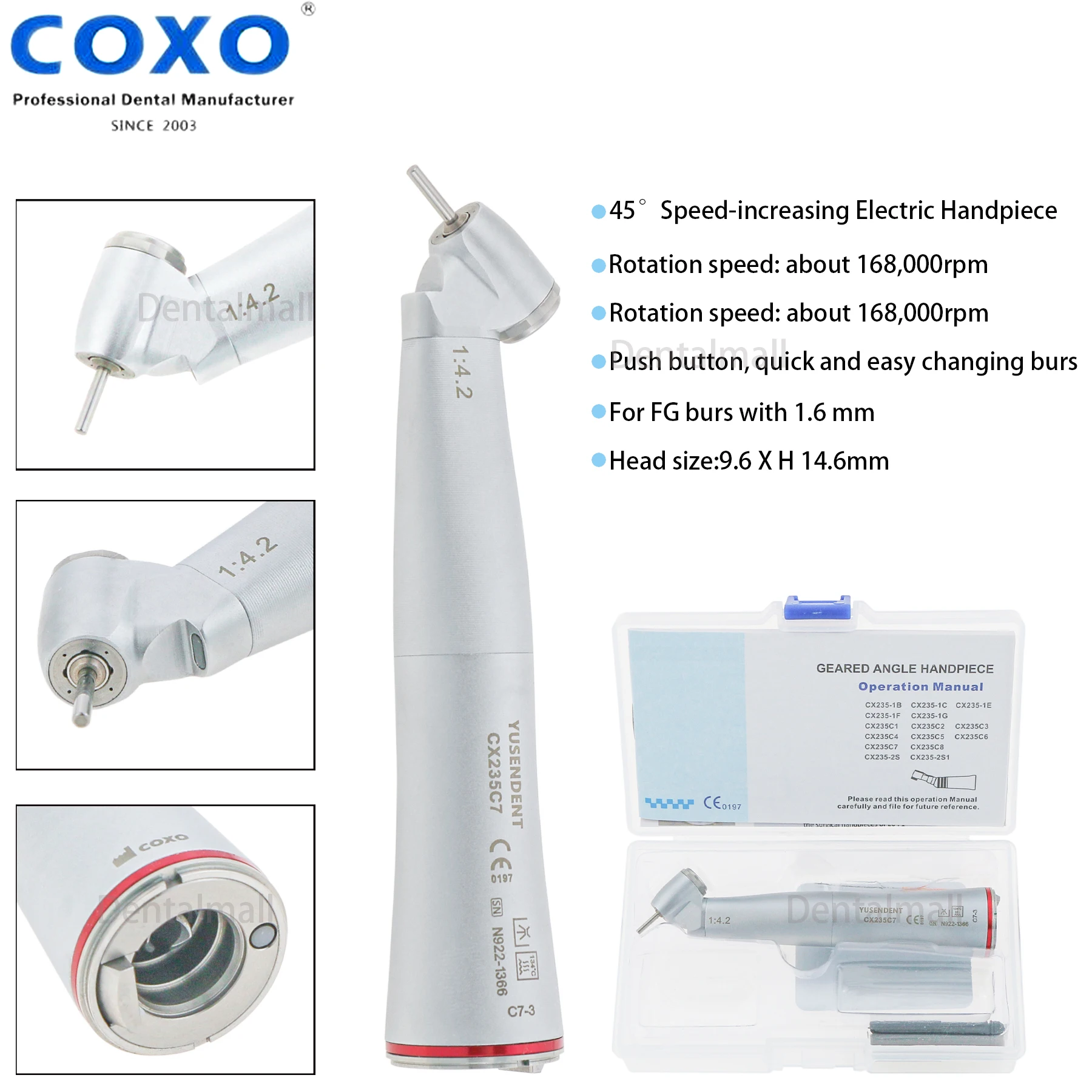 COXO Dental 1:4.2 Increasing Electric Contra Angle Handpiece 45 Degree Head CX235 C7-3 Fit to ISO E-TYPE