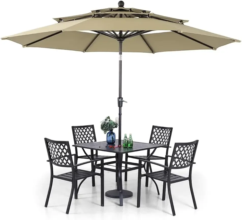 

Outdoor Dining Set 6 PCS with 10ft 3-layer Round Umbrella,1 Square 37x 37Dining Table,4 Bistro Chairs& 10ft Patio Umbrella