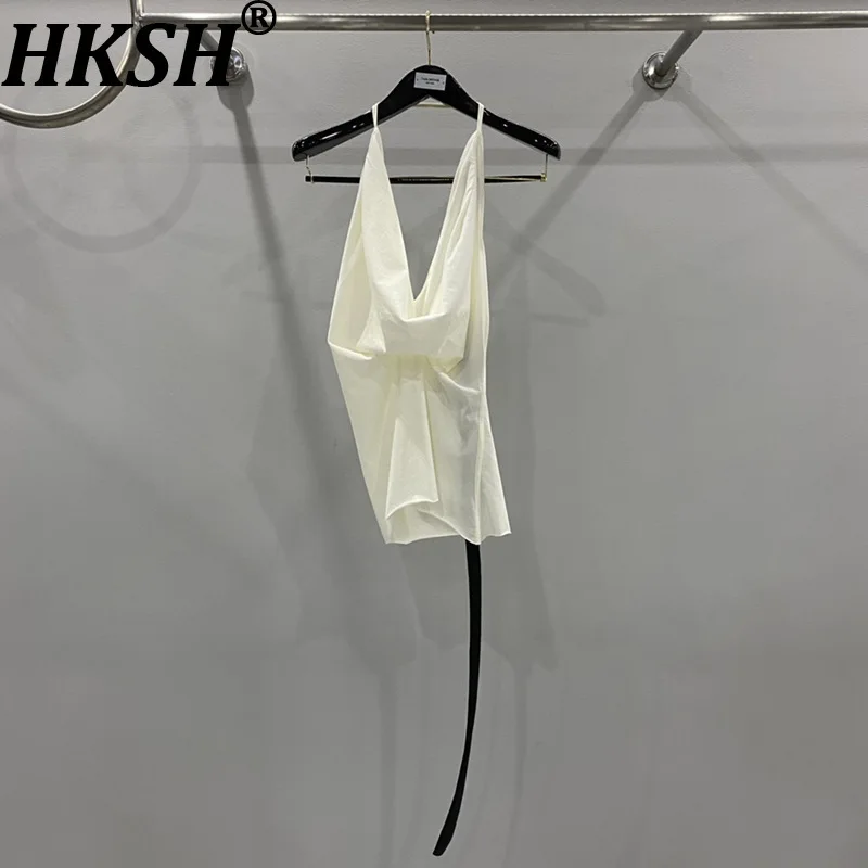 

Женский сексуальный топ HKSH с открытой спиной, на бретелях, плиссированный, без рукавов, эластичный, однотонный, облегающий, шикарный, летний, HK21443