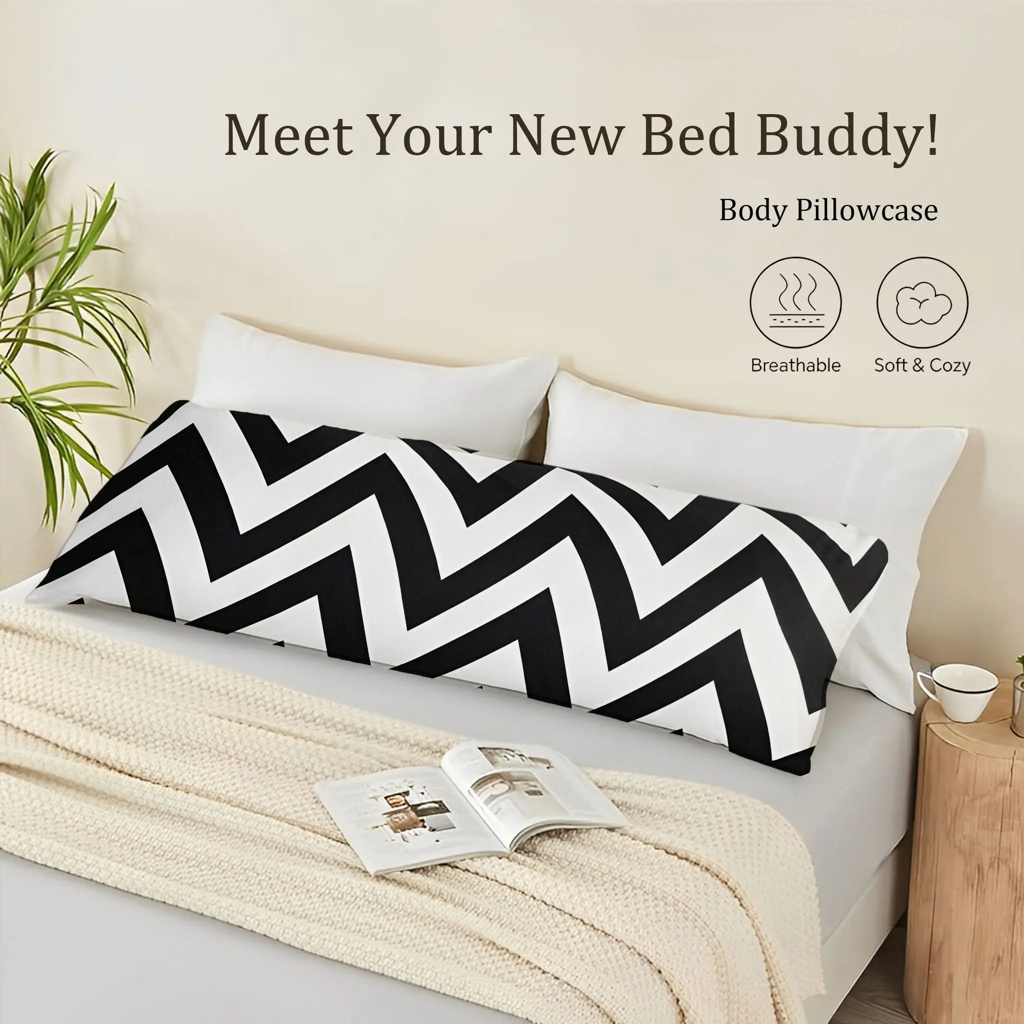 Black and White Geometric Zigzag Full-Size Pillowcase, 3D Stereoscopic Black and White Zigzag Pattern, Style, Removable and Wash