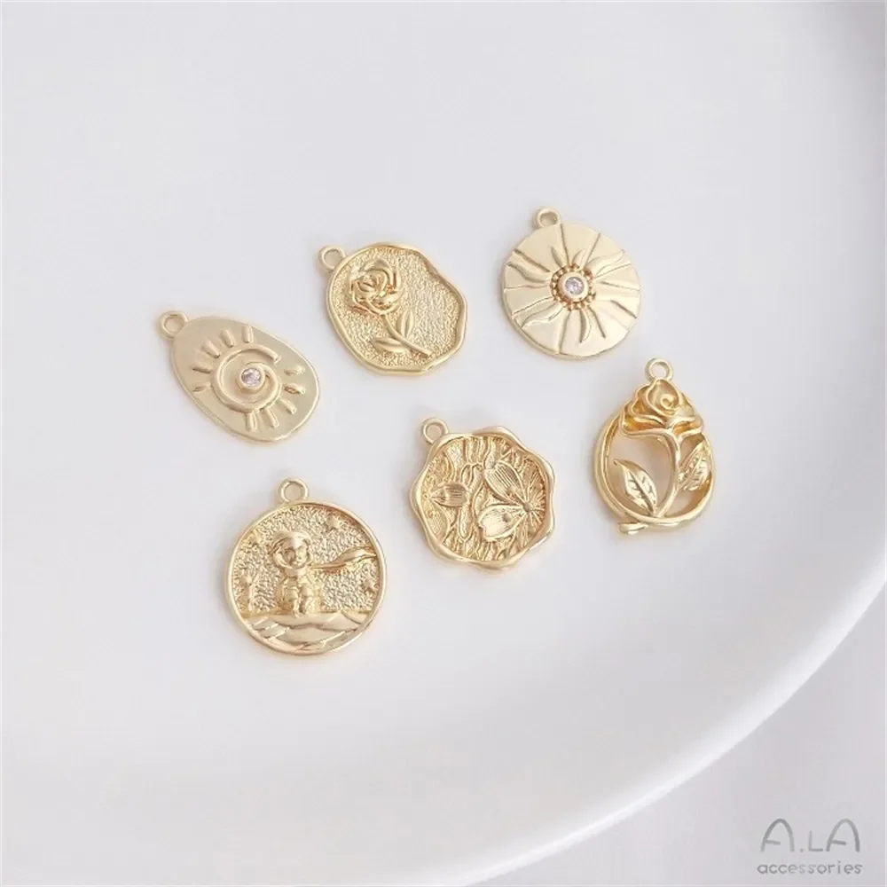 14K Gold Package Rose Sakura Sun Prince Round Tag Pendant DIY Necklace Bracelet Tag Jewelry Charms Pendant K385