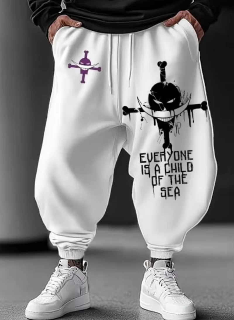 

Мужские повседневные брюки, уличная одежда, совместная аниме, соломенная шляпа, свободная спортивная одежда с принтом черепа, летняя повседневная одежда 2025 г.