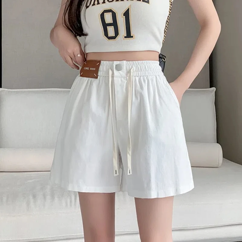 Koreaanse mode zomer nieuwe dames elastische taille trekkoord zak eenvoud veelzijdige hoge taille losse a-lijn wijde pijpen shorts