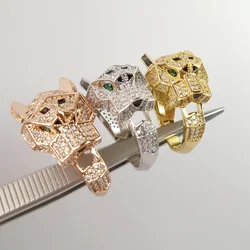 Designer Collection Style Ring Men Women Lady Inlaid Cubic Zircon Black Patches Green Eyes Leopard Head Panther Rings