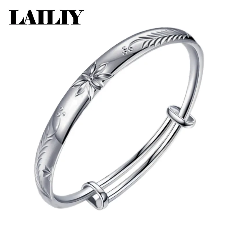 LAILIY925 Sterling Silver 18K Gold Simple Stretched Carved Petal Hollow Out Adjustable Bangle for Women Fashion Jewelry