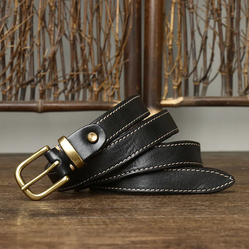 New Copper Buckle Women Cowhide Belt Korean Style Fashionable Handmade Trendy Versatile Personalized Retro  Waist High Quality