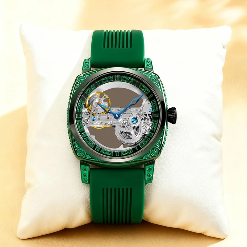 

Мужские модные дизайнерские механические часы со скелетом и зеленым ремешком высокого класса