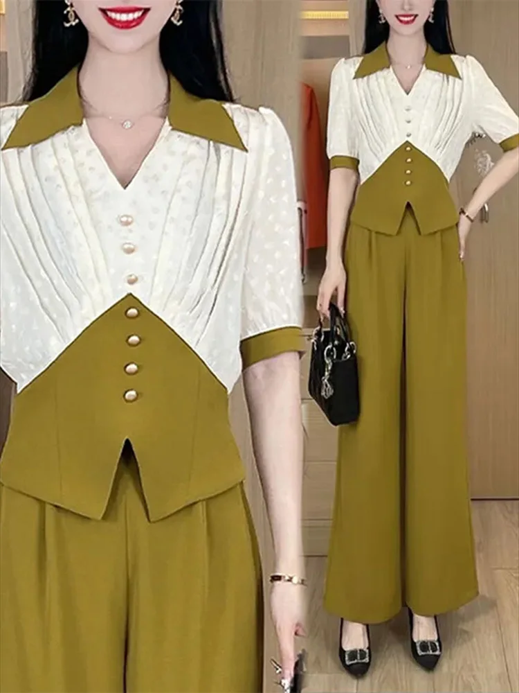 

Women's Spring Summer Short Sleeve Colors Suit Casual Shirt+Advanced Sense Versatile Wide Leg Pants Commuting 2-piece set