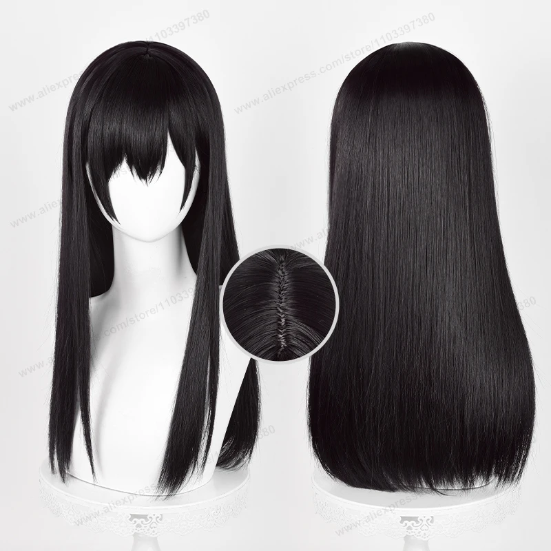 Aihara Mei Wig Cosplay 53cm, Wig sintetis tahan panas Anime rambut coklat hitam lurus panjang + topi Wig