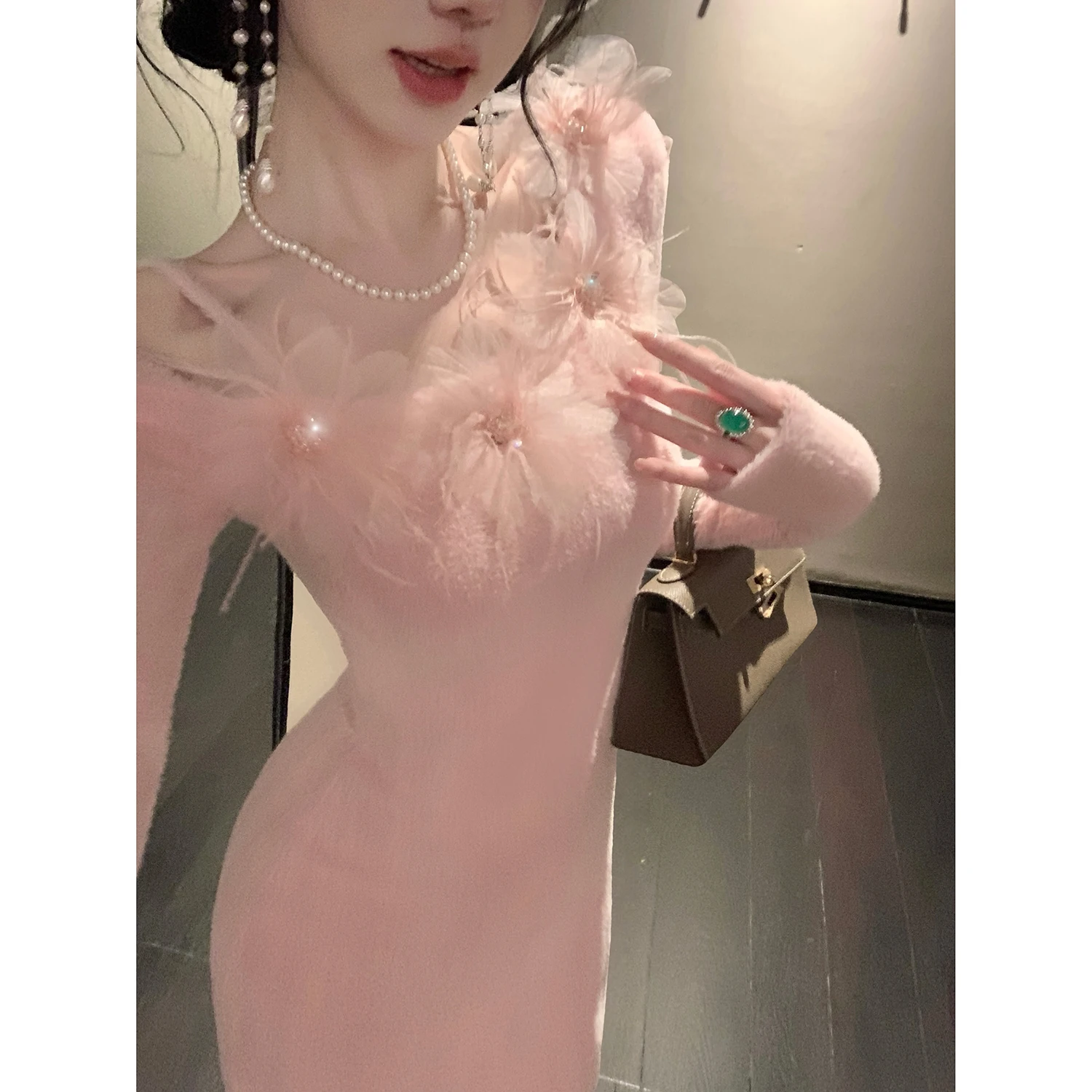 

Sy Pink Peony Knitted Dr Soft Cozy Long Sve Slim Fit Autumn Winter Faion Design Ladies Dr Polyester Spandex