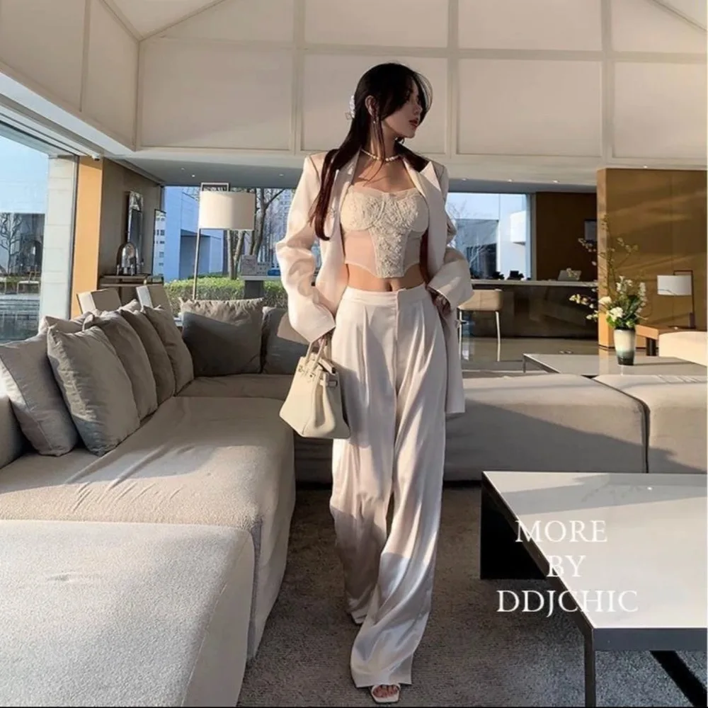 Women Solid Color Acetate Satin Wide Leg Pants Korean Lady Fashion Casual Trousers Summer Femme High Waist Straight Pantalons