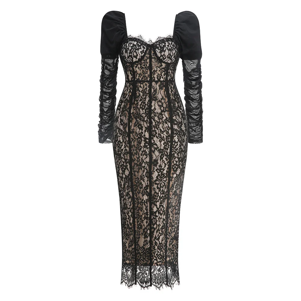 Elegancka damska sukienka z czarnej koronki, haftowana, z długim rękawem, kwadratowym dekoltem, z podszewką, miękka, wygodna, formalna, wieczorowa, na przyjęcie, do noszenia w domu.