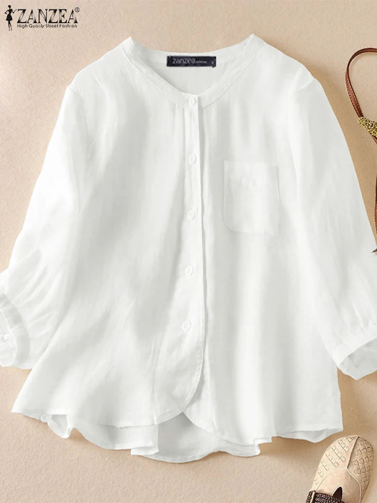 

ZANZEA Women Shirts 2025 Solid Color Fashion Blouse 3/4 Puff Sleeve Round Neck Summer Tops Elegant Casual Loose Vintage Blusas