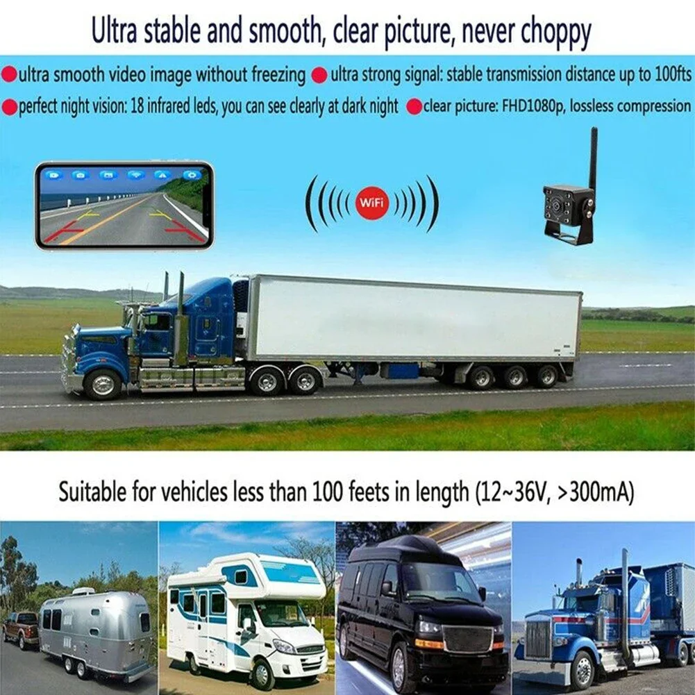 Black Car Wireless WIFI Reversing Rear View Camera Bus Trailer Truck RV Camper Shockproof Motor Vehicle Camera Car Electronics