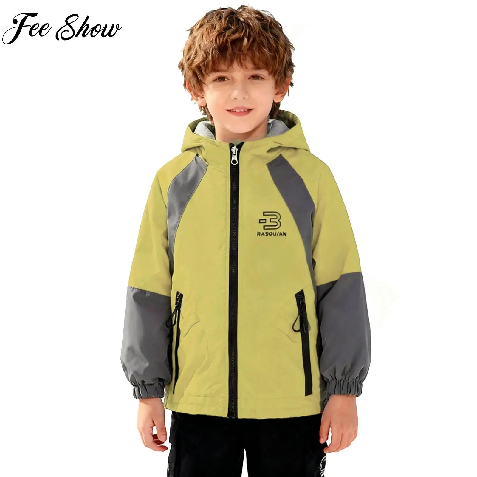 Boys Reversible Fleece-Lined Hooded Jacket Outerwear Kids Long Sleeve Zipper Coat with Zip-up Pockets for Outdoor Sports Hiking
