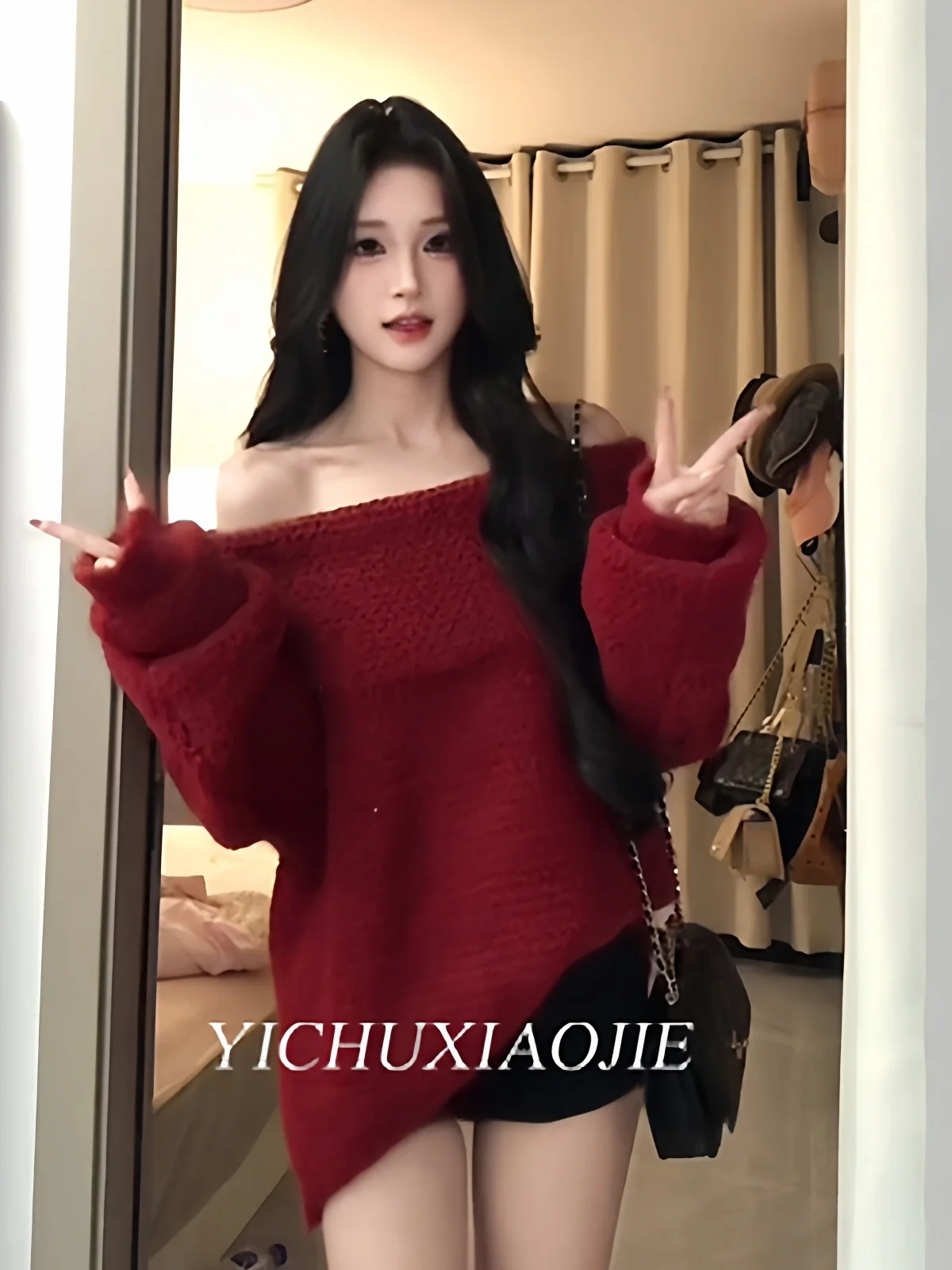 

Cisas New Year Aosphere Red Knitted One oulder Sweater Women's Autumn Winter New Sle High Level Inner Wear Beautifu...