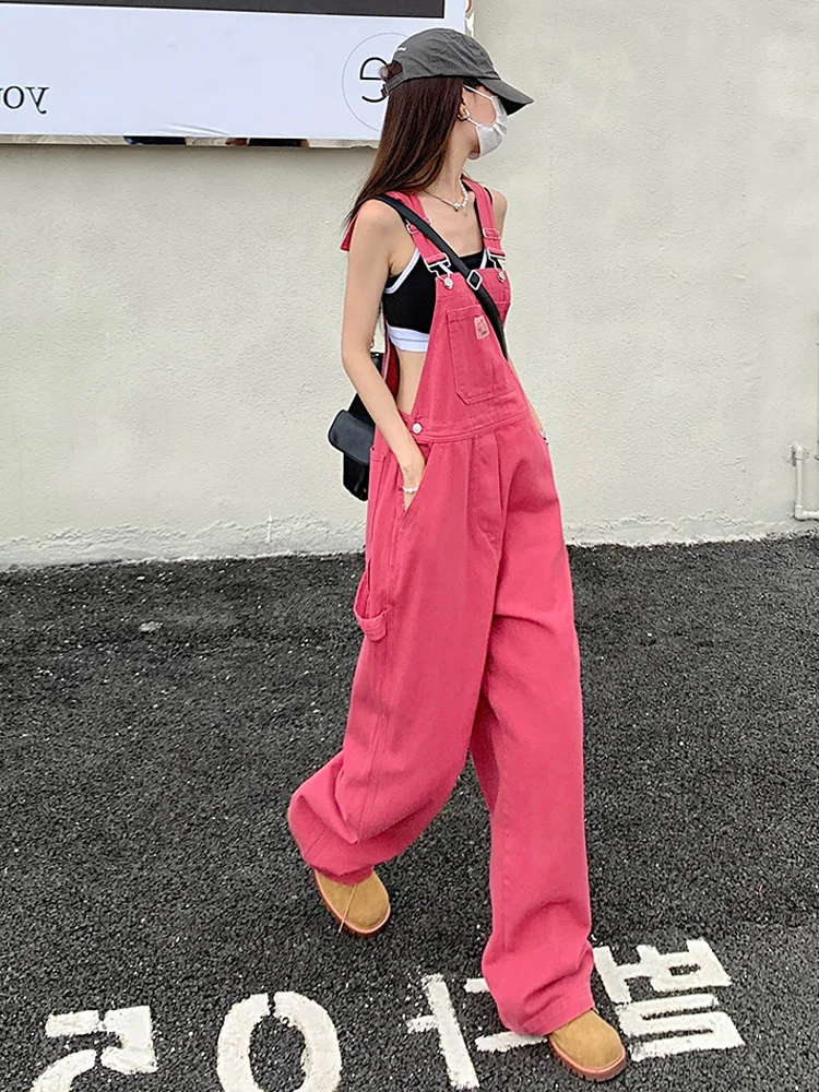 Rose Red Denim Overalls Women's Loose High Waist Wide Leg Pants Vintage Anti Aging Salt And Sweet Style Autumn Small Size