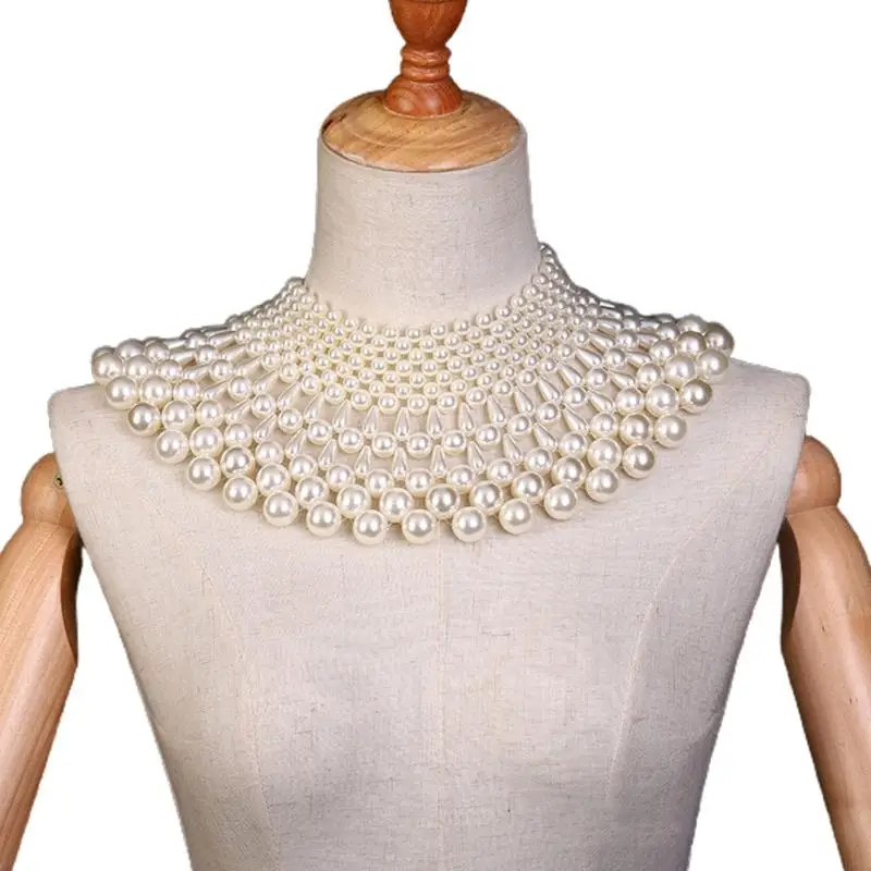 H58E Wedding Dress Statement Decorative Necklace Fanshaped Irregular Faux Pearl Beading Bib Choker Collar Jewelry Shawl