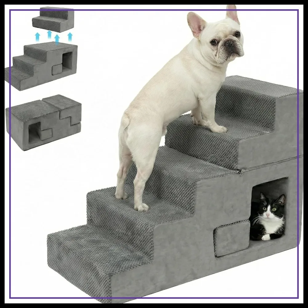 

5-Step Dog Stairs for High Bed, 23" H Pet Steps for Small Dogs & Cats, Non-Slip Washable Cover, Indoor, Grey
