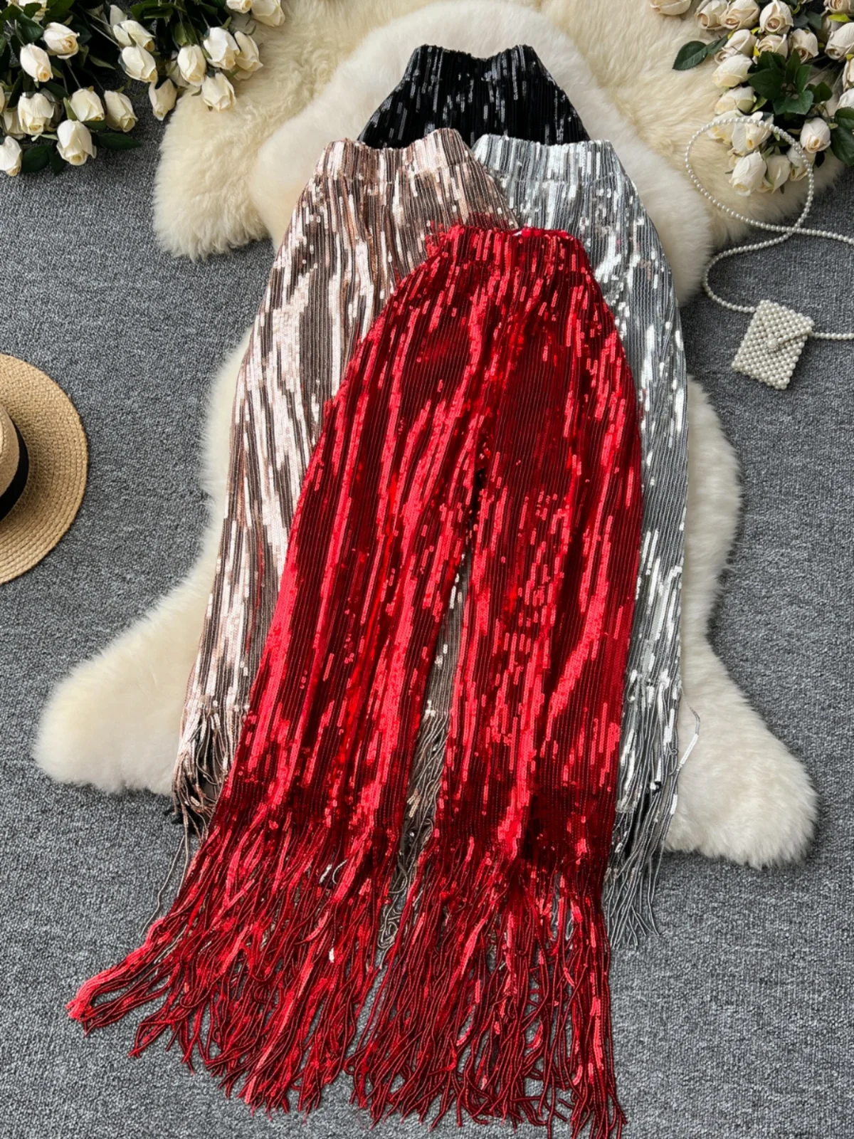 iny Pailletten Hohe Taille Breite Bein Hosen Frauen Sommer Abnehmen Casual Micro Flare Lange Hosen Schwere Quaste Leistung Kleidung