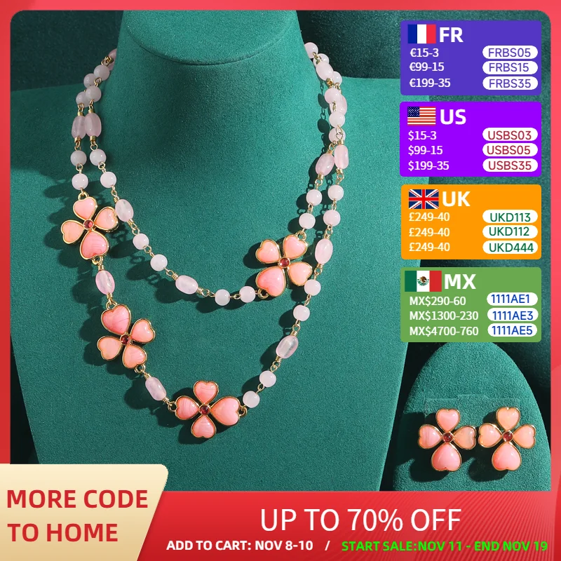 

Vintage Pink Jewelry Sets Luxury Natural Opal Clover Earring And Necklace 4 Leaf Princess Crystal Hibiscus Rose Quartz Women
