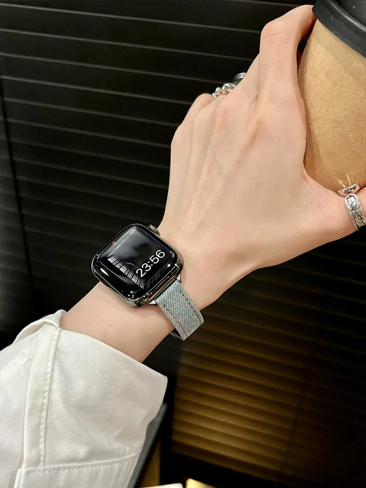 Denim magnetik gelang untuk Apple Watch, Ultra 44mm 45mm 49mm 40mm 42mm 38mm tali gelang kulit untuk iWatch seri 9 7 8 6 5 4 SE