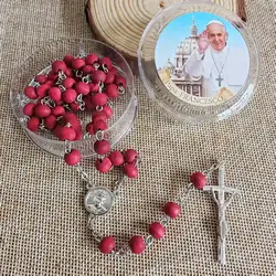 perfumer rose scent wood beads religious Pope Francis catholic rosary necklace with crucifix &plastic saint case