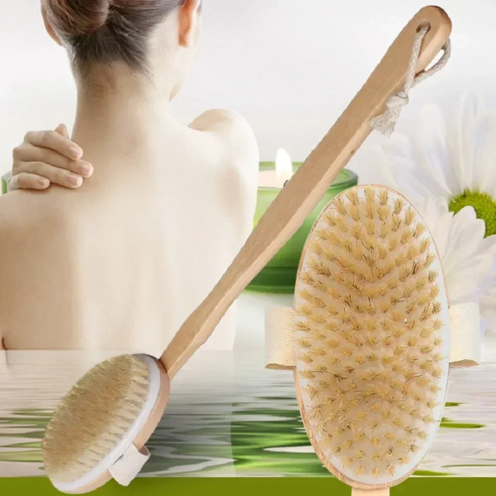 Natural Bristles Back Scrubber Shower Brush with Detachable Long Wooden Handle Dry Skin Exfoliating Body Massage Bath Brushes