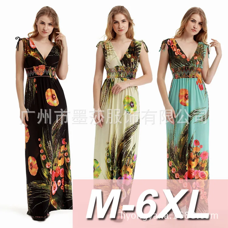 

Bohemian fat V-neck large size fattened beach dress seaside long dress mopping floor ice silk dress high-end temperament elegant
